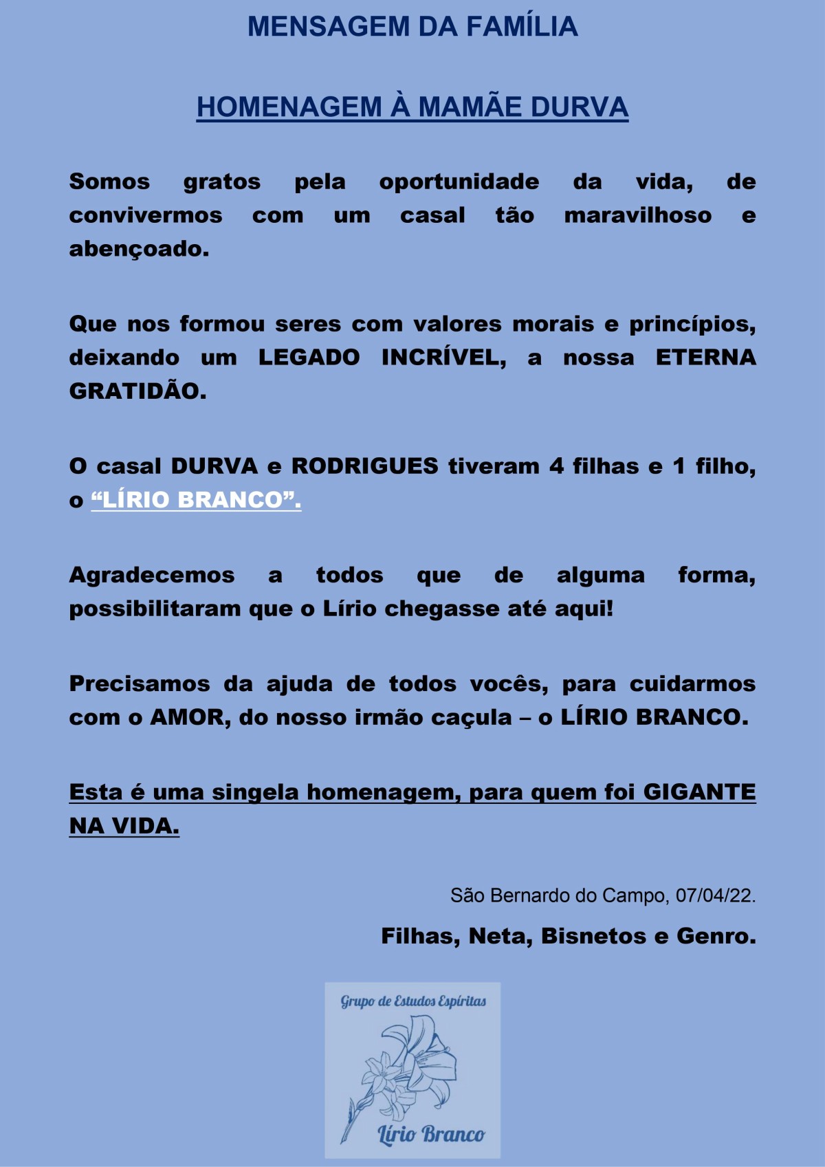 Texto em homenagem à mamãe Durva.